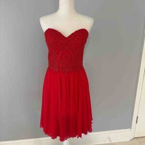 Red Strapless Lace and Chiffon Cocktail Dress